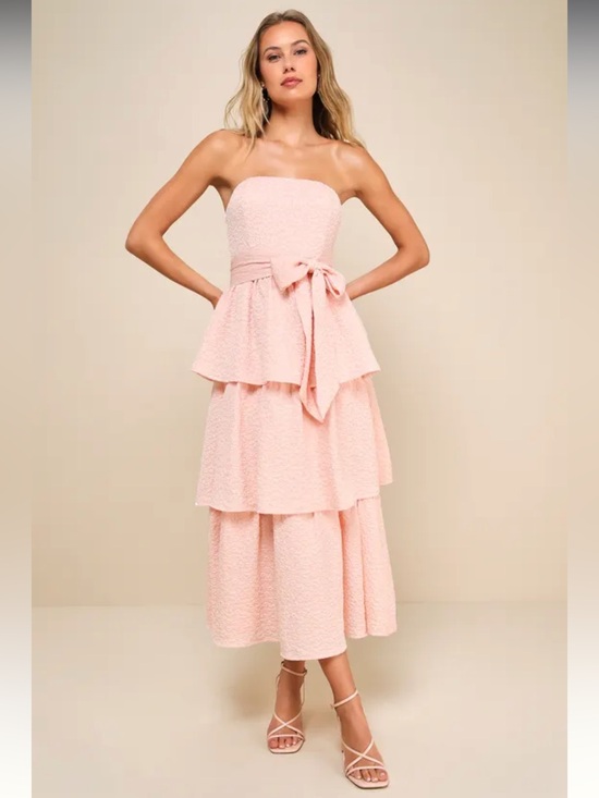 Lulus Dresses & Skirts - Lulus Truly Marvelous Blush Pink Jacquard Strapless Tiered Midi Dress Size XL